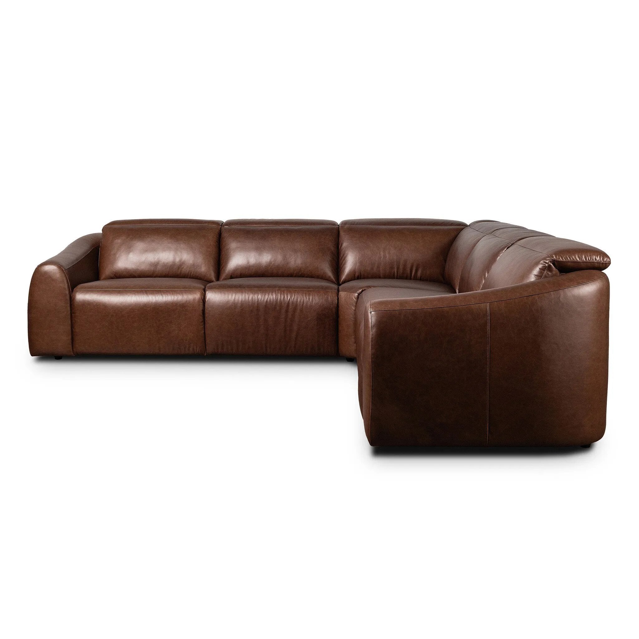 Introducing an Italian-inspired modern sectional with a suite of seating that reclines. Just about every seat on the sofa has its very own reclining mechanism so that everyone can sit back and relax. Sectional features waterfall seating, curved arms, adjustable headrests, articulating footrests and rounded back corners. Amethyst Home provides interior design, new home construction design consulting, vintage area rugs, and lighting in the Boston metro area.