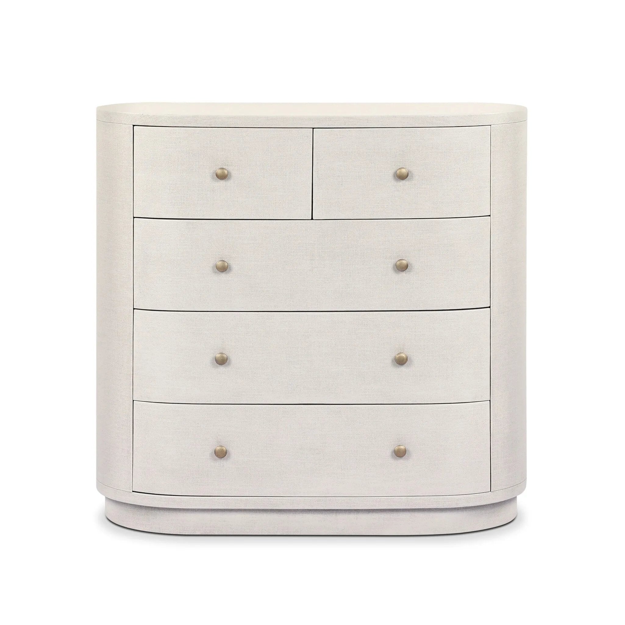 Uniquely made from ivory-painted linen, a beautifully curved drawer chest gives shape to generous storage for clothes, accessories and more Amethyst Home provides interior design, new home construction design consulting, vintage area rugs, and lighting in the Houston metro area.