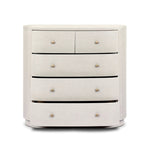 Uniquely made from ivory-painted linen, a beautifully curved drawer chest gives shape to generous storage for clothes, accessories and more Amethyst Home provides interior design, new home construction design consulting, vintage area rugs, and lighting in the Scottsdale metro area.