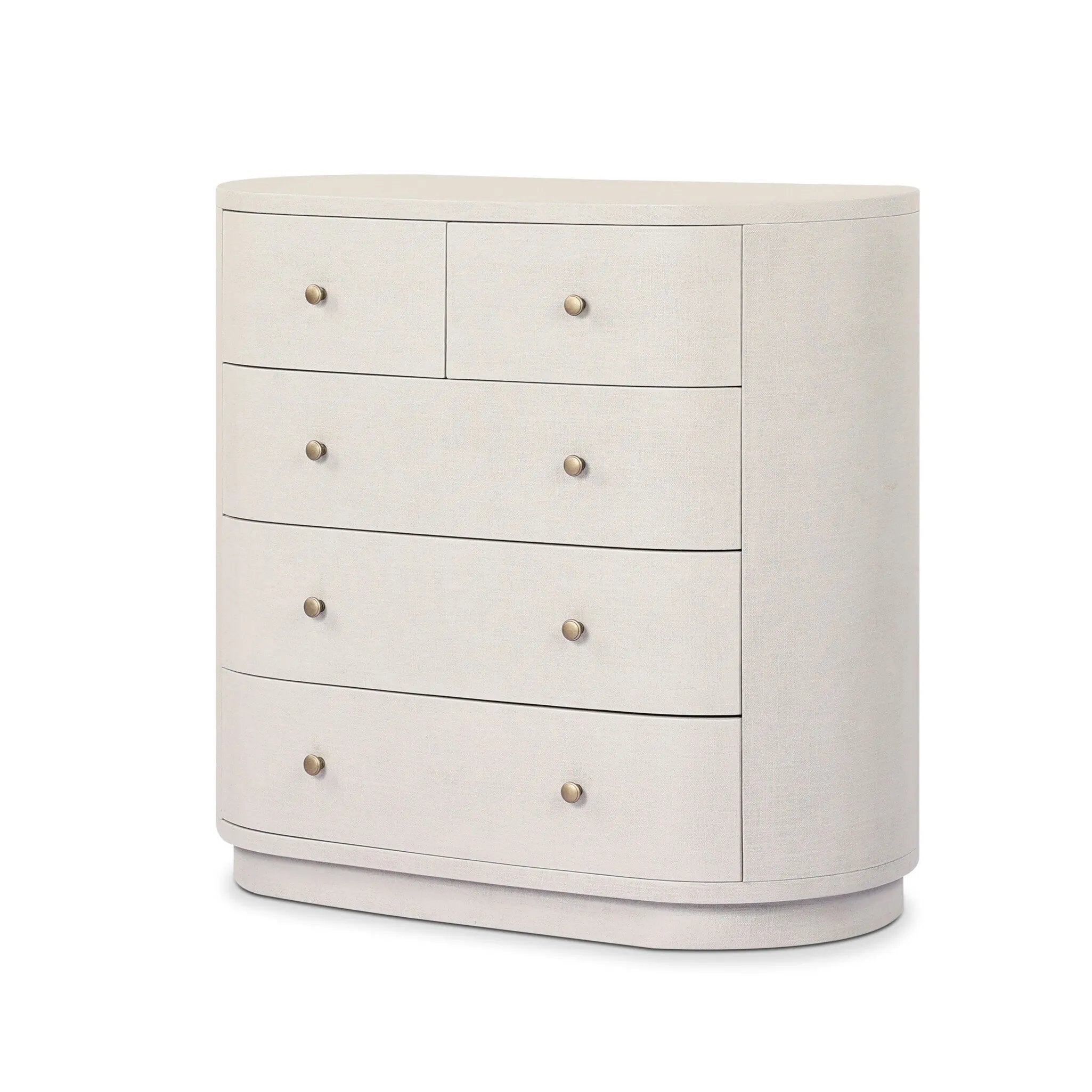 Uniquely made from ivory-painted linen, a beautifully curved drawer chest gives shape to generous storage for clothes, accessories and more Amethyst Home provides interior design, new home construction design consulting, vintage area rugs, and lighting in the Washington metro area.