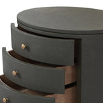Featuring Amelia Dark Green Lacquered Linen Oval Nightstand by Four Hands at Amethyst Home. Overall Dimensions: 26.00"w x 20.00"d x 24.00"hWeight : 87.08 lbsMaterials: Painted Linen. Amethyst Home provides interior design, new home construction design consulting, vintage area rugs, and lighting in the Los Angeles metro area.