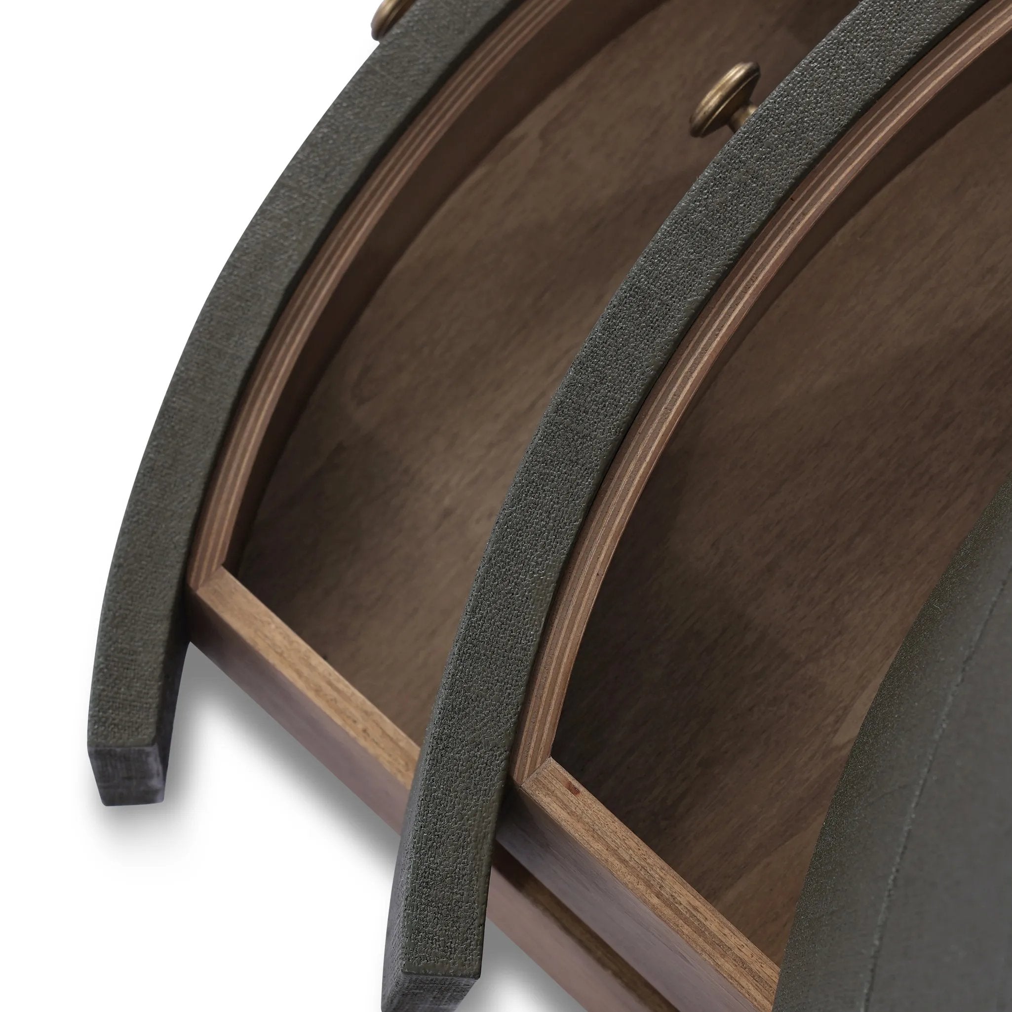 Featuring Amelia Dark Green Lacquered Linen Oval Nightstand by Four Hands at Amethyst Home. Overall Dimensions: 26.00"w x 20.00"d x 24.00"hWeight : 87.08 lbsMaterials: Painted Linen. Amethyst Home provides interior design, new home construction design consulting, vintage area rugs, and lighting in the Miami metro area.