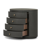 Featuring Amelia Dark Green Lacquered Linen Oval Nightstand by Four Hands at Amethyst Home. Overall Dimensions: 26.00"w x 20.00"d x 24.00"hWeight : 87.08 lbsMaterials: Painted Linen. Amethyst Home provides interior design, new home construction design consulting, vintage area rugs, and lighting in the Seattle metro area.