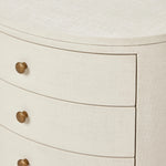 Uniquely made from ivory-painted linen, a beautifully curved nightstand shapes four drawers for generous bedside storage Amethyst Home provides interior design, new home construction design consulting, vintage area rugs, and lighting in the Calabasas metro area.