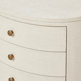 Uniquely made from ivory-painted linen, a beautifully curved nightstand shapes four drawers for generous bedside storage Amethyst Home provides interior design, new home construction design consulting, vintage area rugs, and lighting in the Calabasas metro area.