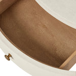 Uniquely made from ivory-painted linen, a beautifully curved nightstand shapes four drawers for generous bedside storage Amethyst Home provides interior design, new home construction design consulting, vintage area rugs, and lighting in the Dallas metro area.