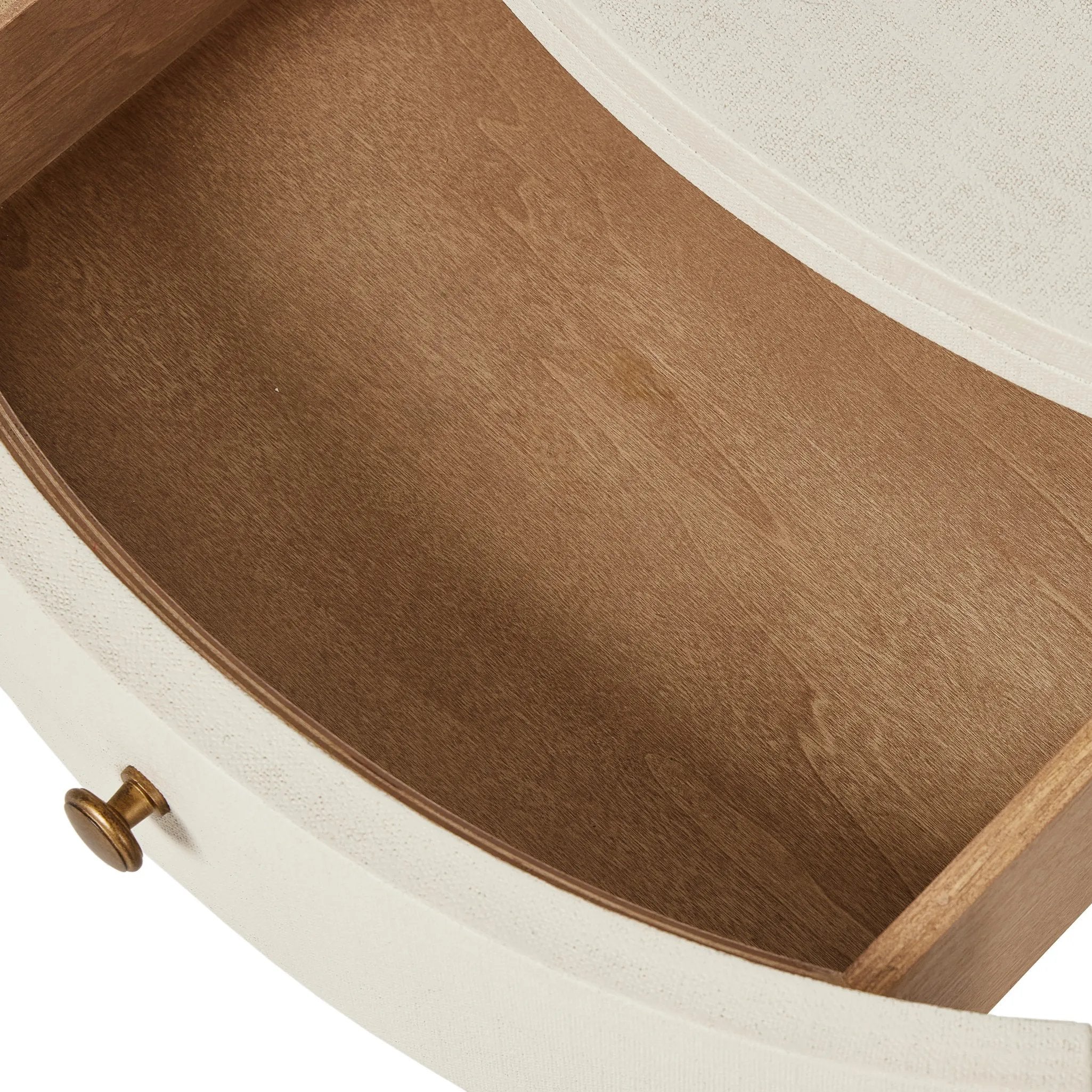 Uniquely made from ivory-painted linen, a beautifully curved nightstand shapes four drawers for generous bedside storage Amethyst Home provides interior design, new home construction design consulting, vintage area rugs, and lighting in the Dallas metro area.
