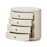 Uniquely made from ivory-painted linen, a beautifully curved nightstand shapes four drawers for generous bedside storage Amethyst Home provides interior design, new home construction design consulting, vintage area rugs, and lighting in the Houston metro area.