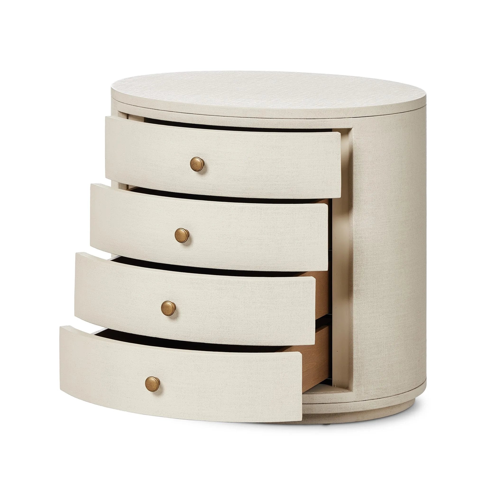 Uniquely made from ivory-painted linen, a beautifully curved nightstand shapes four drawers for generous bedside storage Amethyst Home provides interior design, new home construction design consulting, vintage area rugs, and lighting in the Houston metro area.