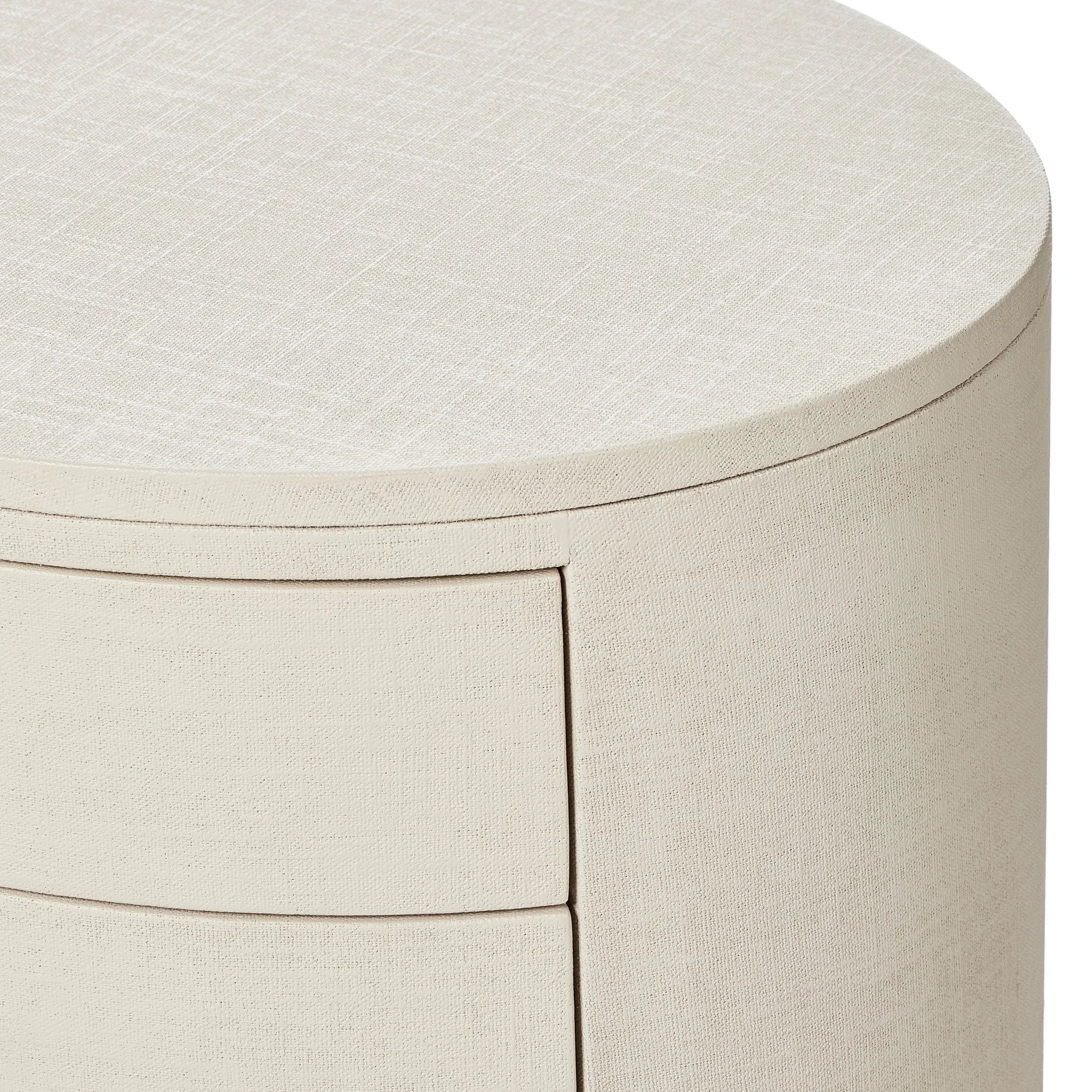 Uniquely made from ivory-painted linen, a beautifully curved nightstand shapes four drawers for generous bedside storage Amethyst Home provides interior design, new home construction design consulting, vintage area rugs, and lighting in the Laguna Beach metro area.