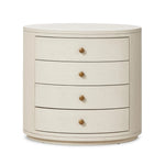 Uniquely made from ivory-painted linen, a beautifully curved nightstand shapes four drawers for generous bedside storage Amethyst Home provides interior design, new home construction design consulting, vintage area rugs, and lighting in the Miami metro area.