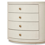 Uniquely made from ivory-painted linen, a beautifully curved nightstand shapes four drawers for generous bedside storage Amethyst Home provides interior design, new home construction design consulting, vintage area rugs, and lighting in the Monterey metro area.