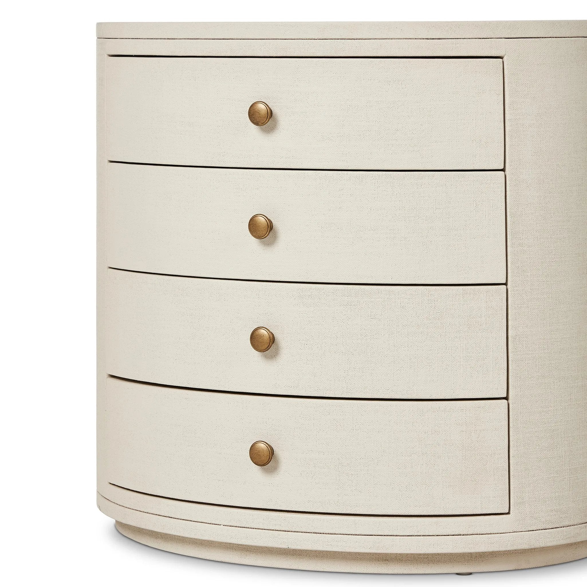 Uniquely made from ivory-painted linen, a beautifully curved nightstand shapes four drawers for generous bedside storage Amethyst Home provides interior design, new home construction design consulting, vintage area rugs, and lighting in the Monterey metro area.