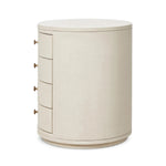 Uniquely made from ivory-painted linen, a beautifully curved nightstand shapes four drawers for generous bedside storage Amethyst Home provides interior design, new home construction design consulting, vintage area rugs, and lighting in the Tampa metro area.