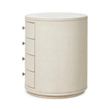 Uniquely made from ivory-painted linen, a beautifully curved nightstand shapes four drawers for generous bedside storage Amethyst Home provides interior design, new home construction design consulting, vintage area rugs, and lighting in the Tampa metro area.