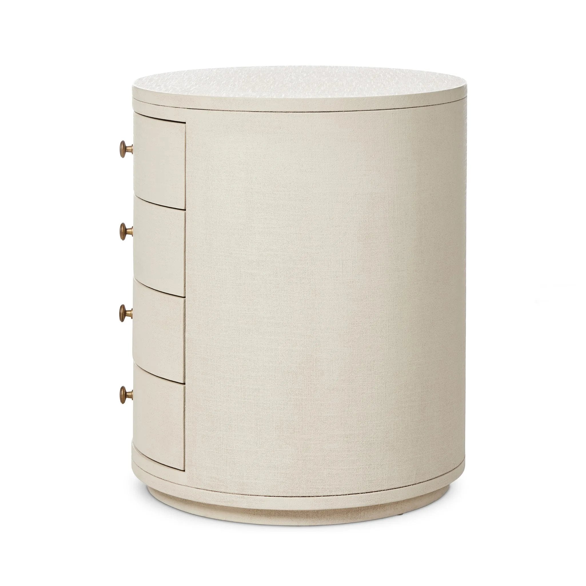 Uniquely made from ivory-painted linen, a beautifully curved nightstand shapes four drawers for generous bedside storage Amethyst Home provides interior design, new home construction design consulting, vintage area rugs, and lighting in the Tampa metro area.