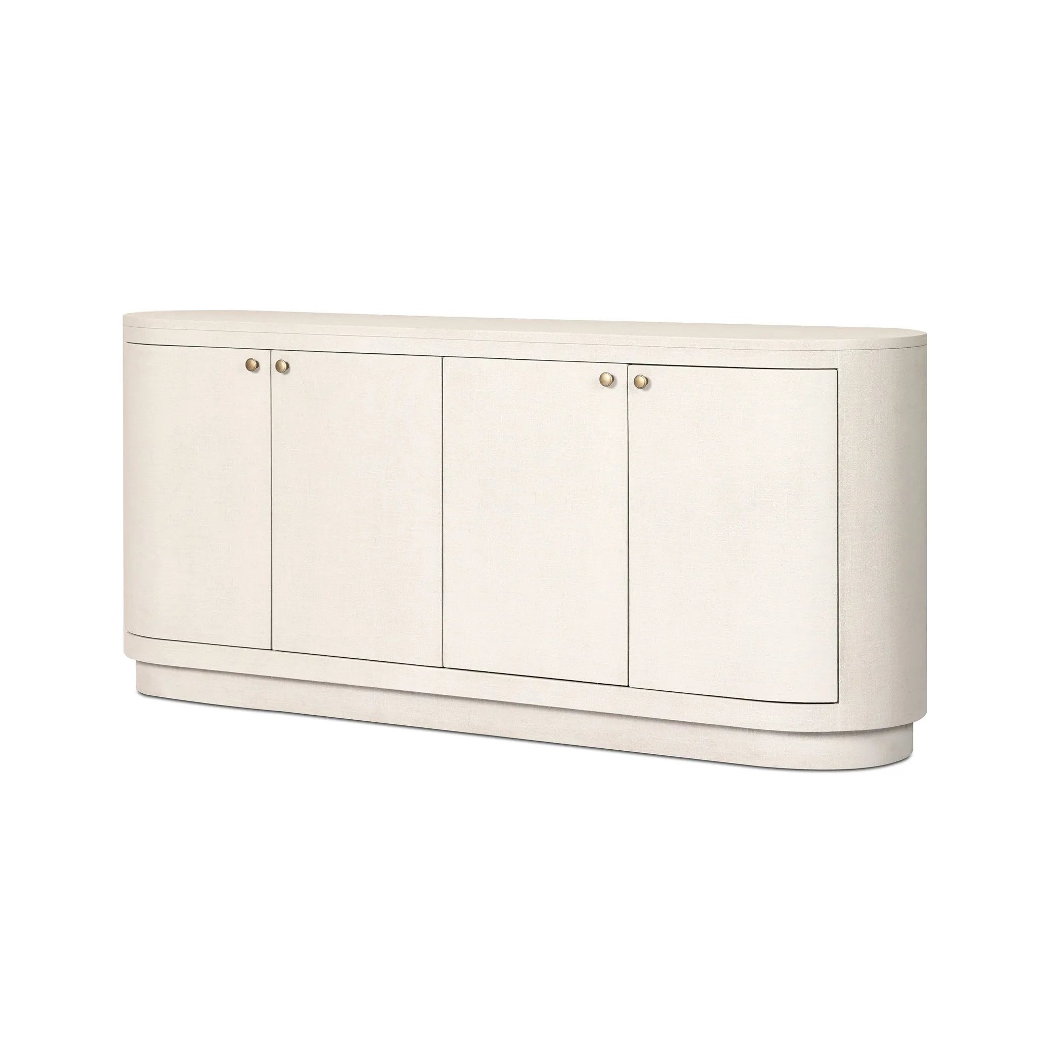 Uniquely made from ivory-painted linen, a beautifully curved sideboard gives shape to generous storage for dinnerware, linens and more Amethyst Home provides interior design, new home construction design consulting, vintage area rugs, and lighting in the Austin metro area.