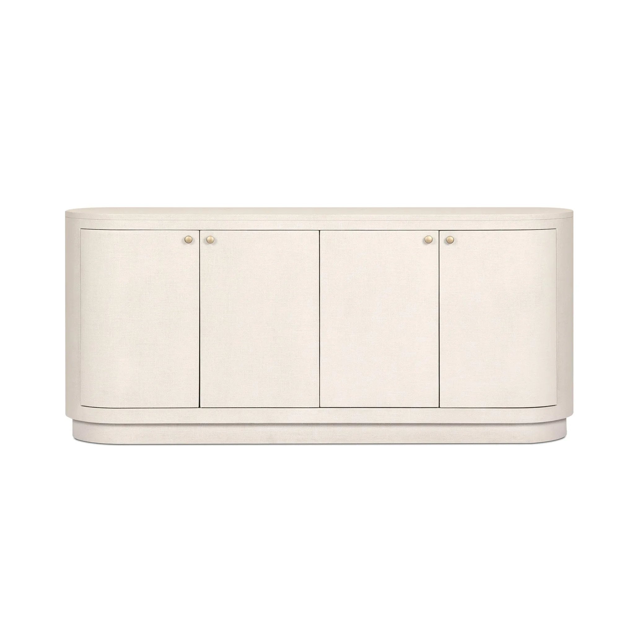 Uniquely made from ivory-painted linen, a beautifully curved sideboard gives shape to generous storage for dinnerware, linens and more Amethyst Home provides interior design, new home construction design consulting, vintage area rugs, and lighting in the Des Moines metro area.