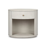 Uniquely made from ivory-painted linen, a beautifully curved nightstand shapes a single drawer and an open cubby for generous bedside storage Amethyst Home provides interior design, new home construction design consulting, vintage area rugs, and lighting in the Monterey metro area.
