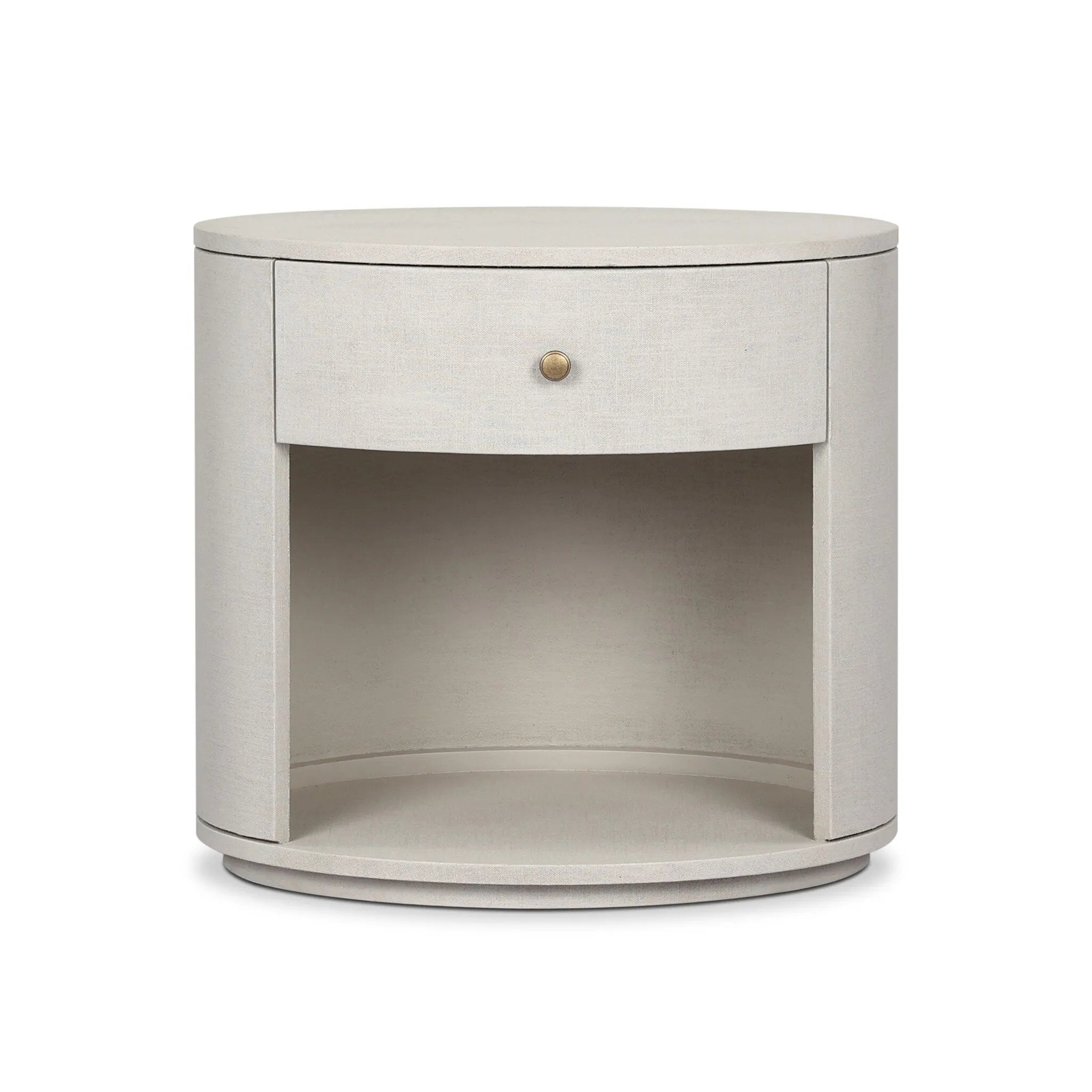 Uniquely made from ivory-painted linen, a beautifully curved nightstand shapes a single drawer and an open cubby for generous bedside storage Amethyst Home provides interior design, new home construction design consulting, vintage area rugs, and lighting in the Monterey metro area.