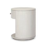 Uniquely made from ivory-painted linen, a beautifully curved nightstand shapes a single drawer and an open cubby for generous bedside storage Amethyst Home provides interior design, new home construction design consulting, vintage area rugs, and lighting in the Newport Beach metro area.