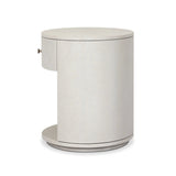 Uniquely made from ivory-painted linen, a beautifully curved nightstand shapes a single drawer and an open cubby for generous bedside storage Amethyst Home provides interior design, new home construction design consulting, vintage area rugs, and lighting in the Newport Beach metro area.