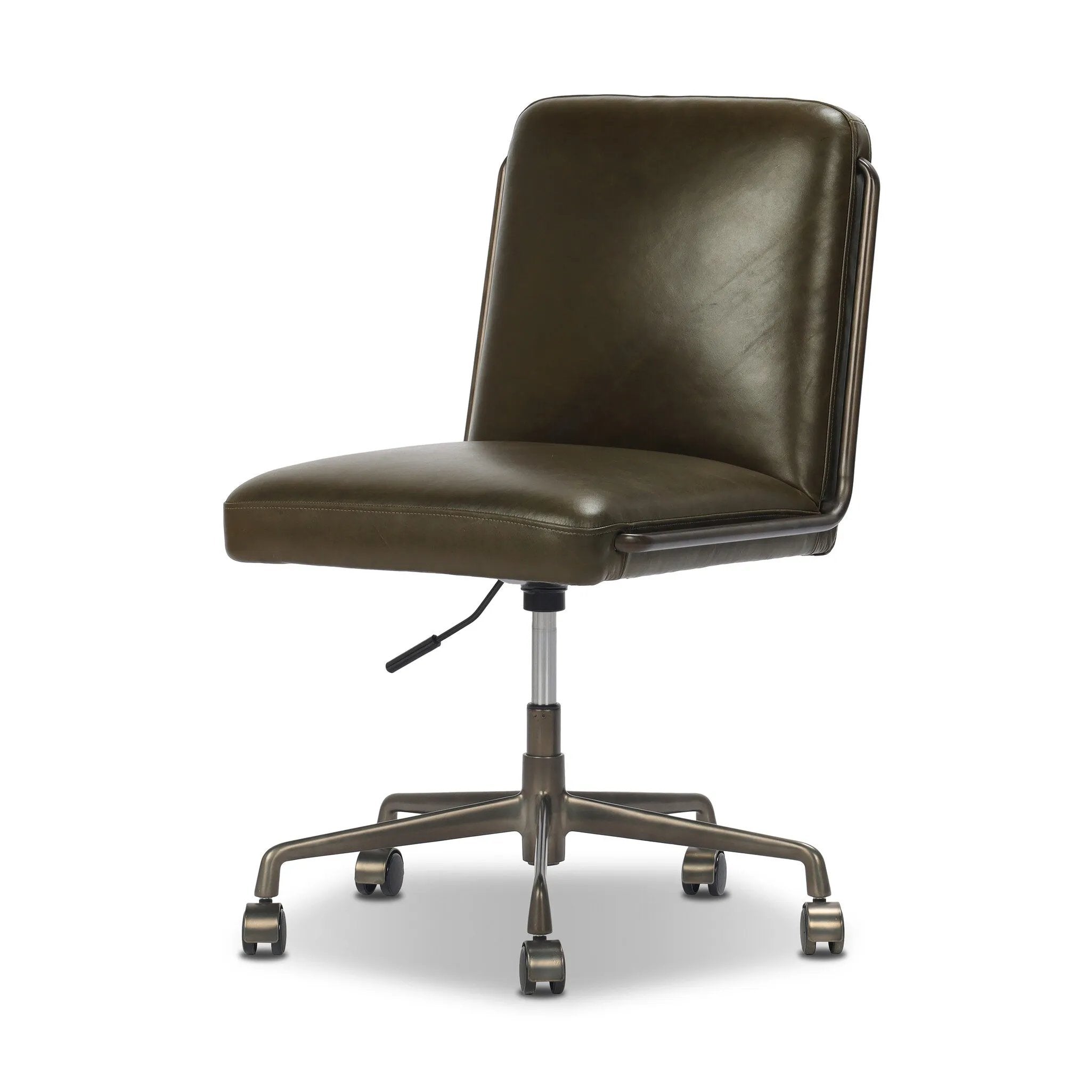 This armless desk chair adds a clean, sleek touch to any workspace. Dark olive top-grain leather paired with a gunmetal 360-degree swivel base and accents allows the simple piece to stand out.As fans of modern style at Amethyst, we love the designer inspired Amos Armless Desk Chair - Dulane Moss. Amethyst Home provides interior design, new home construction design consulting, vintage area rugs, and lighting in the Des Moines metro area.