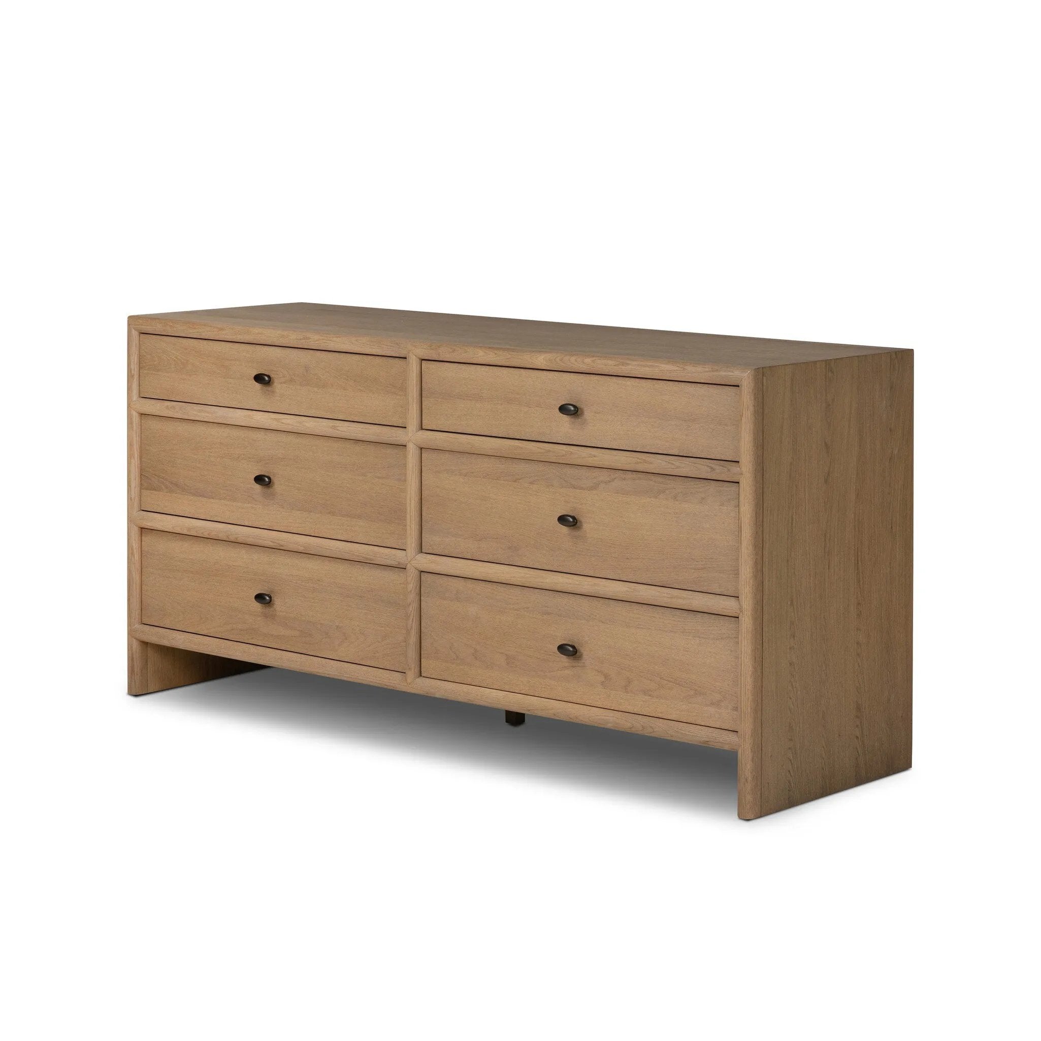 Crafted from sandy solid oak in a waterfall silhouette, this dresser adds a touch of contemporary simplicity to your bedroom. A bullnose edge and oval iron drawer pulls add variety.As lovers of natural design at Amethyst, we love the designer inspired Analisa 6 Drawer Dresser - Sandy Oak. Amethyst Home provides interior design, new home construction design consulting, vintage area rugs, and lighting in the Des Moines metro area.