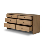 Crafted from sandy solid oak in a waterfall silhouette, this dresser adds a touch of contemporary simplicity to your bedroom. A bullnose edge and oval iron drawer pulls add variety.As lovers of natural design at Amethyst, we love the designer inspired Analisa 6 Drawer Dresser - Sandy Oak. Amethyst Home provides interior design, new home construction design consulting, vintage area rugs, and lighting in the Kansas City metro area.