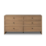 Crafted from sandy solid oak in a waterfall silhouette, this dresser adds a touch of contemporary simplicity to your bedroom. A bullnose edge and oval iron drawer pulls add variety.As lovers of natural design at Amethyst, we love the designer inspired Analisa 6 Drawer Dresser - Sandy Oak. Amethyst Home provides interior design, new home construction design consulting, vintage area rugs, and lighting in the Monterey metro area.