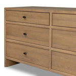 Crafted from sandy solid oak in a waterfall silhouette, this dresser adds a touch of contemporary simplicity to your bedroom. A bullnose edge and oval iron drawer pulls add variety.As lovers of natural design at Amethyst, we love the designer inspired Analisa 6 Drawer Dresser - Sandy Oak. Amethyst Home provides interior design, new home construction design consulting, vintage area rugs, and lighting in the Salt Lake City metro area.