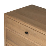 Crafted from sandy solid oak in a waterfall silhouette, this dresser adds a touch of contemporary simplicity to your bedroom. A bullnose edge and oval iron drawer pulls add variety.As lovers of natural design at Amethyst, we love the designer inspired Analisa 6 Drawer Dresser - Sandy Oak. Amethyst Home provides interior design, new home construction design consulting, vintage area rugs, and lighting in the Seattle metro area.