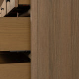 Crafted from sandy solid oak in a waterfall silhouette, this storage-driven dresser adds a touch of contemporary simplicity to your bedroom. A bullnose edge and oval iron drawer pulls add variety.As enthusiasts of modern design at Amethyst, we love the designer inspired Analisa 9 Drawer Dresser - Sandy Oak. Amethyst Home provides interior design, new home construction design consulting, vintage area rugs, and lighting in the Charlotte metro area.