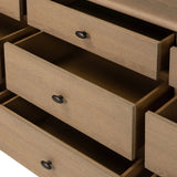 Crafted from sandy solid oak in a waterfall silhouette, this storage-driven dresser adds a touch of contemporary simplicity to your bedroom. A bullnose edge and oval iron drawer pulls add variety.As enthusiasts of modern design at Amethyst, we love the designer inspired Analisa 9 Drawer Dresser - Sandy Oak. Amethyst Home provides interior design, new home construction design consulting, vintage area rugs, and lighting in the Park City metro area.