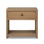 Crafted from sandy solid oak in a waterfall silhouette, this nightstand adds a touch of contemporary simplicity to the bedside. Stack your favorite books on a spacious bottom shelf. The piece’s bullnose edge and oval iron drawer pull add variety. Amethyst Home provides interior design, new home construction design consulting, vintage area rugs, and lighting in the Monterey metro area.