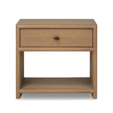 Crafted from sandy solid oak in a waterfall silhouette, this nightstand adds a touch of contemporary simplicity to the bedside. Stack your favorite books on a spacious bottom shelf. The piece’s bullnose edge and oval iron drawer pull add variety. Amethyst Home provides interior design, new home construction design consulting, vintage area rugs, and lighting in the Monterey metro area.