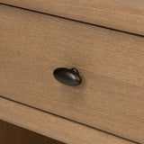 Crafted from sandy solid oak in a waterfall silhouette, this nightstand adds a touch of contemporary simplicity to the bedside. Stack your favorite books on a spacious bottom shelf. The piece’s bullnose edge and oval iron drawer pull add variety. Amethyst Home provides interior design, new home construction design consulting, vintage area rugs, and lighting in the Nashville metro area.