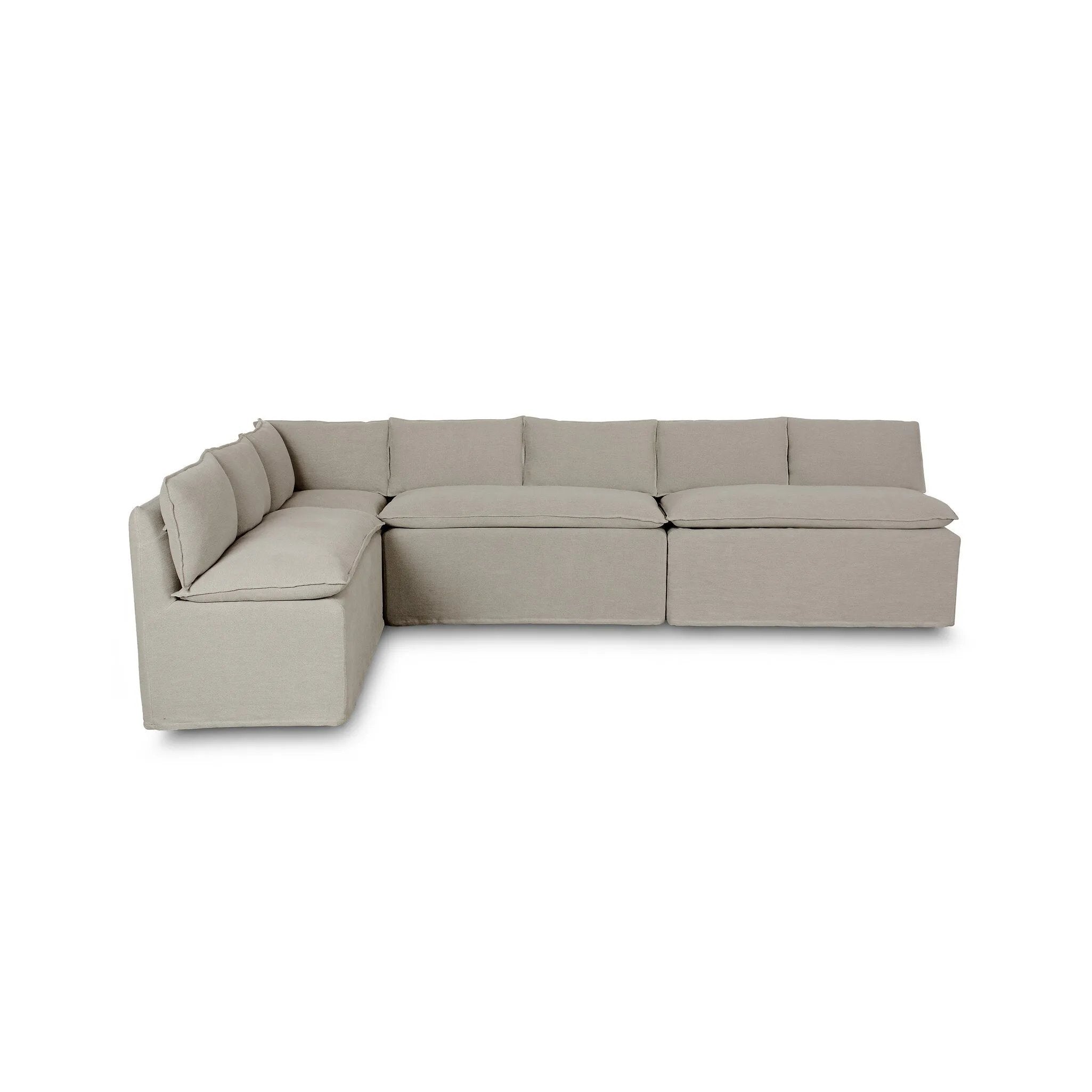 Featuring Andre Broadway Stone  Slipcover Dining Banquette by Four Hands at Amethyst Home. Expertly crafted with a sleek shape and supportive cushioning, the Andre Shape 131" - Broadway Stone sofa adds sophisticated style to any dining space. Available in L shape, this slipcover dining banquette provides maximum comfort and a modern aesthetic. 
Overall Dimensi. Amethyst Home provides interior design, new home construction design consulting, vintage area rugs, and lighting in the Boston metro area.