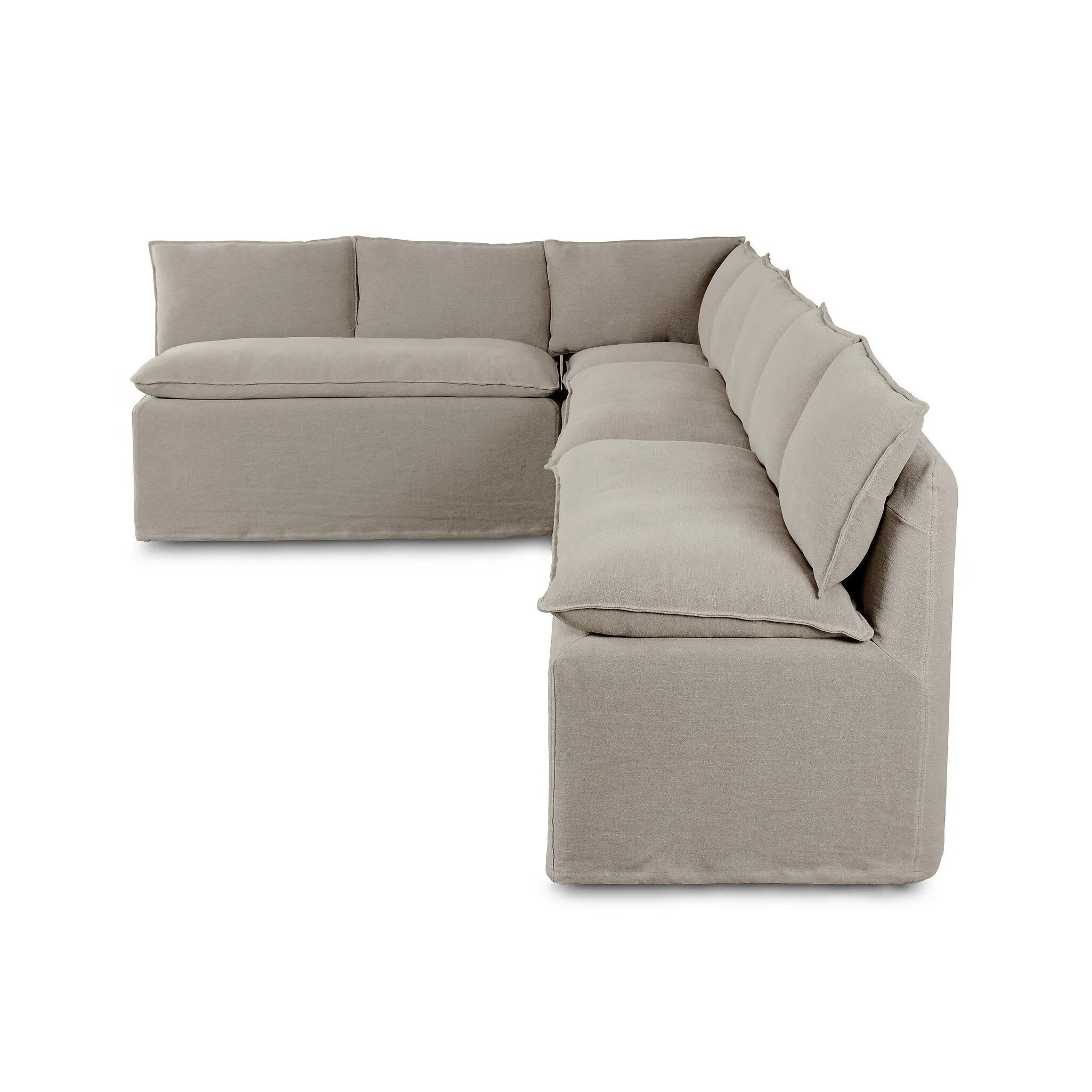 Featuring Andre Broadway Stone  Slipcover Dining Banquette by Four Hands at Amethyst Home. Expertly crafted with a sleek shape and supportive cushioning, the Andre Shape 131" - Broadway Stone sofa adds sophisticated style to any dining space. Available in L shape, this slipcover dining banquette provides maximum comfort and a modern aesthetic. 
Overall Dime. Amethyst Home provides interior design, new home construction design consulting, vintage area rugs, and lighting in the Charlotte metro area.