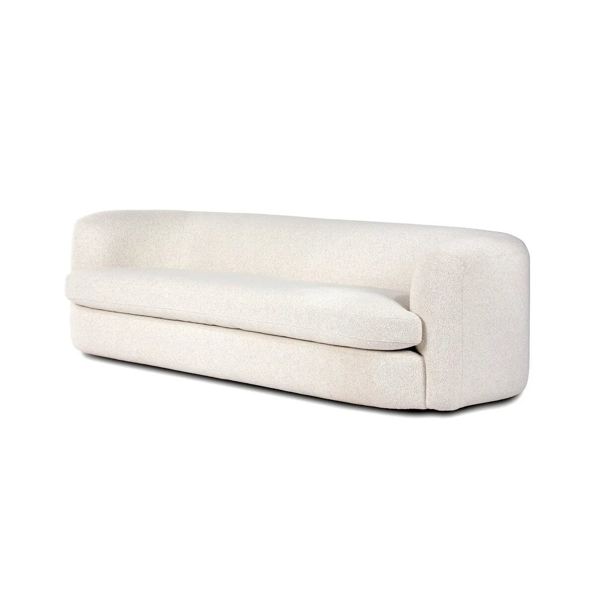 Featuring Clarissa Sofa by Four Hands at Amethyst Home. Organic curves with a dreamy French inspired boucle fabric -- the Clarissa sofa is an Amethyst favorite.  The sleek single seat cushion with firm back provides luxe comfort.
Overall Dimensions: 95.00"w x 37.50"d x 27.50"hWeight : 131.39 lbMaterials : 47% Polyester, 18% Viscose, 30% Acrylic, 5% Linen, So. Amethyst Home provides interior design, new home construction design consulting, vintage area rugs, and lighting in the Portland metro area.
