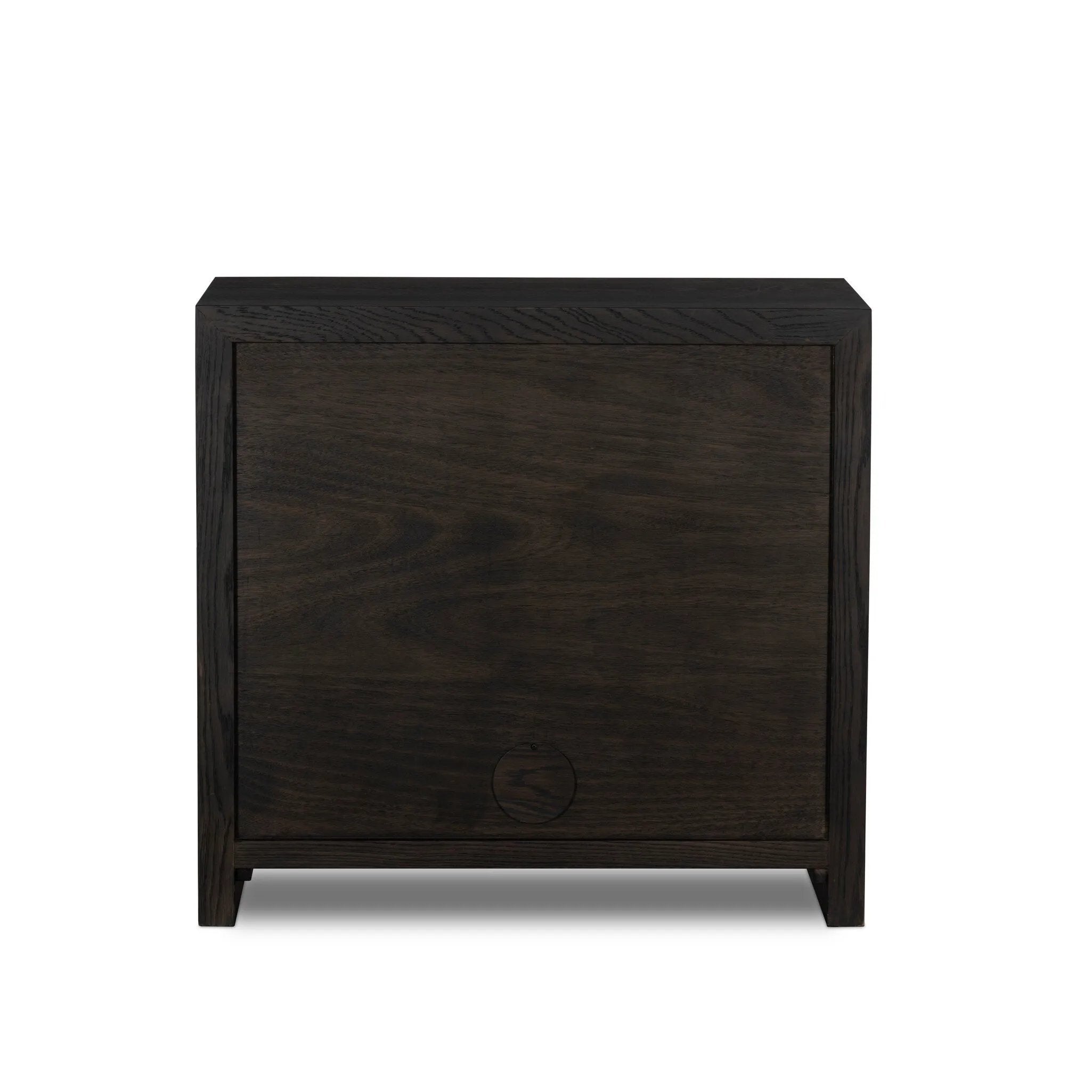 Espresso-finished oak casing pairs with two coffee-colored iron door fronts, for an intriguing material mix. With bullnose waterfall framing and offset metal hardware, this compact cabinet offers an elevated industrial look to your living space. Slighter scale perfect for smaller spaces. Amethyst Home provides interior design, new home construction design consulting, vintage area rugs, and lighting in the Calabasas metro area.