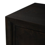 Espresso-finished oak casing pairs with two coffee-colored iron door fronts, for an intriguing material mix. With bullnose waterfall framing and offset metal hardware, this compact cabinet offers an elevated industrial look to your living space. Slighter scale perfect for smaller spaces. Amethyst Home provides interior design, new home construction design consulting, vintage area rugs, and lighting in the Charlotte metro area.