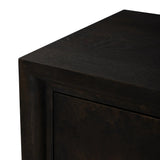 Espresso-finished oak casing pairs with two coffee-colored iron door fronts, for an intriguing material mix. With bullnose waterfall framing and offset metal hardware, this compact cabinet offers an elevated industrial look to your living space. Slighter scale perfect for smaller spaces. Amethyst Home provides interior design, new home construction design consulting, vintage area rugs, and lighting in the Charlotte metro area.