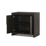 Espresso-finished oak casing pairs with two coffee-colored iron door fronts, for an intriguing material mix. With bullnose waterfall framing and offset metal hardware, this compact cabinet offers an elevated industrial look to your living space. Slighter scale perfect for smaller spaces. Amethyst Home provides interior design, new home construction design consulting, vintage area rugs, and lighting in the Los Angeles metro area.