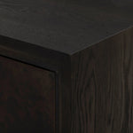 Espresso-finished oak casing pairs with two coffee-colored iron door fronts, for an intriguing material mix. With bullnose waterfall framing and offset metal hardware, this compact cabinet offers an elevated industrial look to your living space. Slighter scale perfect for smaller spaces. Amethyst Home provides interior design, new home construction design consulting, vintage area rugs, and lighting in the Park City metro area.