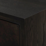 Espresso-finished oak casing pairs with two coffee-colored iron door fronts, for an intriguing material mix. With bullnose waterfall framing and offset metal hardware, this compact cabinet offers an elevated industrial look to your living space. Slighter scale perfect for smaller spaces. Amethyst Home provides interior design, new home construction design consulting, vintage area rugs, and lighting in the Park City metro area.