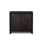 Espresso-finished oak casing pairs with two coffee-colored iron door fronts, for an intriguing material mix. With bullnose waterfall framing and offset metal hardware, this compact cabinet offers an elevated industrial look to your living space. Slighter scale perfect for smaller spaces. Amethyst Home provides interior design, new home construction design consulting, vintage area rugs, and lighting in the Portland metro area.