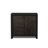 Espresso-finished oak casing pairs with two coffee-colored iron door fronts, for an intriguing material mix. With bullnose waterfall framing and offset metal hardware, this compact cabinet offers an elevated industrial look to your living space. Slighter scale perfect for smaller spaces. Amethyst Home provides interior design, new home construction design consulting, vintage area rugs, and lighting in the Portland metro area.