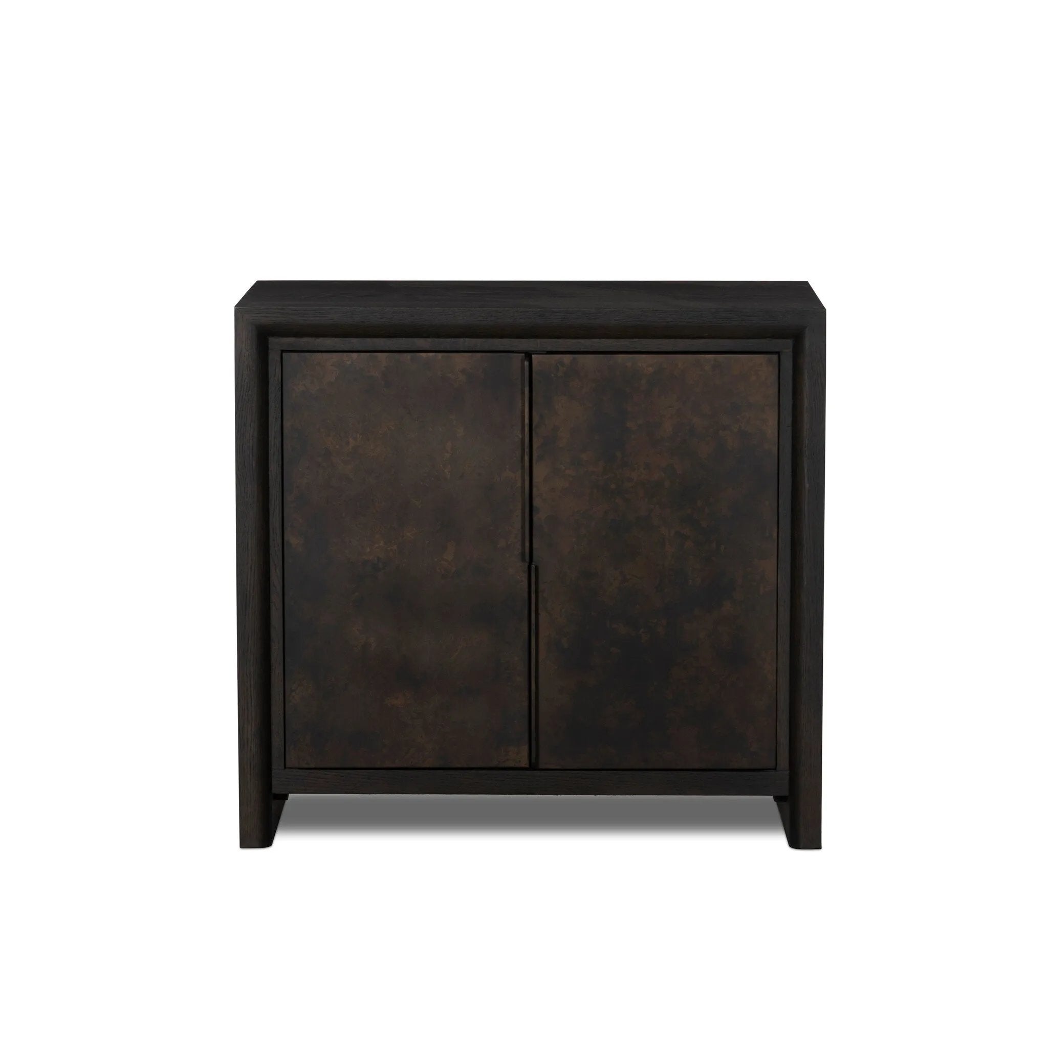 Espresso-finished oak casing pairs with two coffee-colored iron door fronts, for an intriguing material mix. With bullnose waterfall framing and offset metal hardware, this compact cabinet offers an elevated industrial look to your living space. Slighter scale perfect for smaller spaces. Amethyst Home provides interior design, new home construction design consulting, vintage area rugs, and lighting in the Portland metro area.