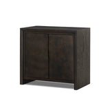 Espresso-finished oak casing pairs with two coffee-colored iron door fronts, for an intriguing material mix. With bullnose waterfall framing and offset metal hardware, this compact cabinet offers an elevated industrial look to your living space. Slighter scale perfect for smaller spaces. Amethyst Home provides interior design, new home construction design consulting, vintage area rugs, and lighting in the Washington metro area.